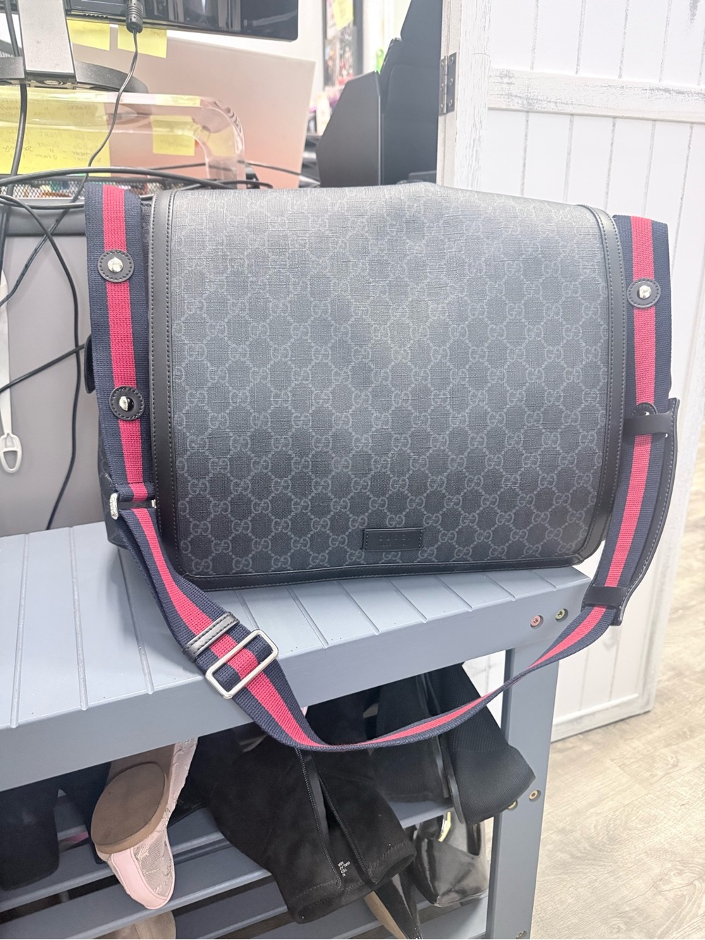 Gucci Gray GG Diaper Bag with Red and Blue Web Strap